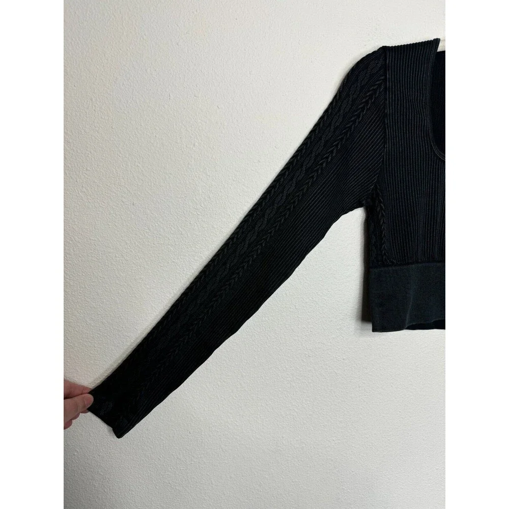 OFFLINE Aerie Seamless Cable Cropped Acid Wash Top Sz S Black Long Sleeve New